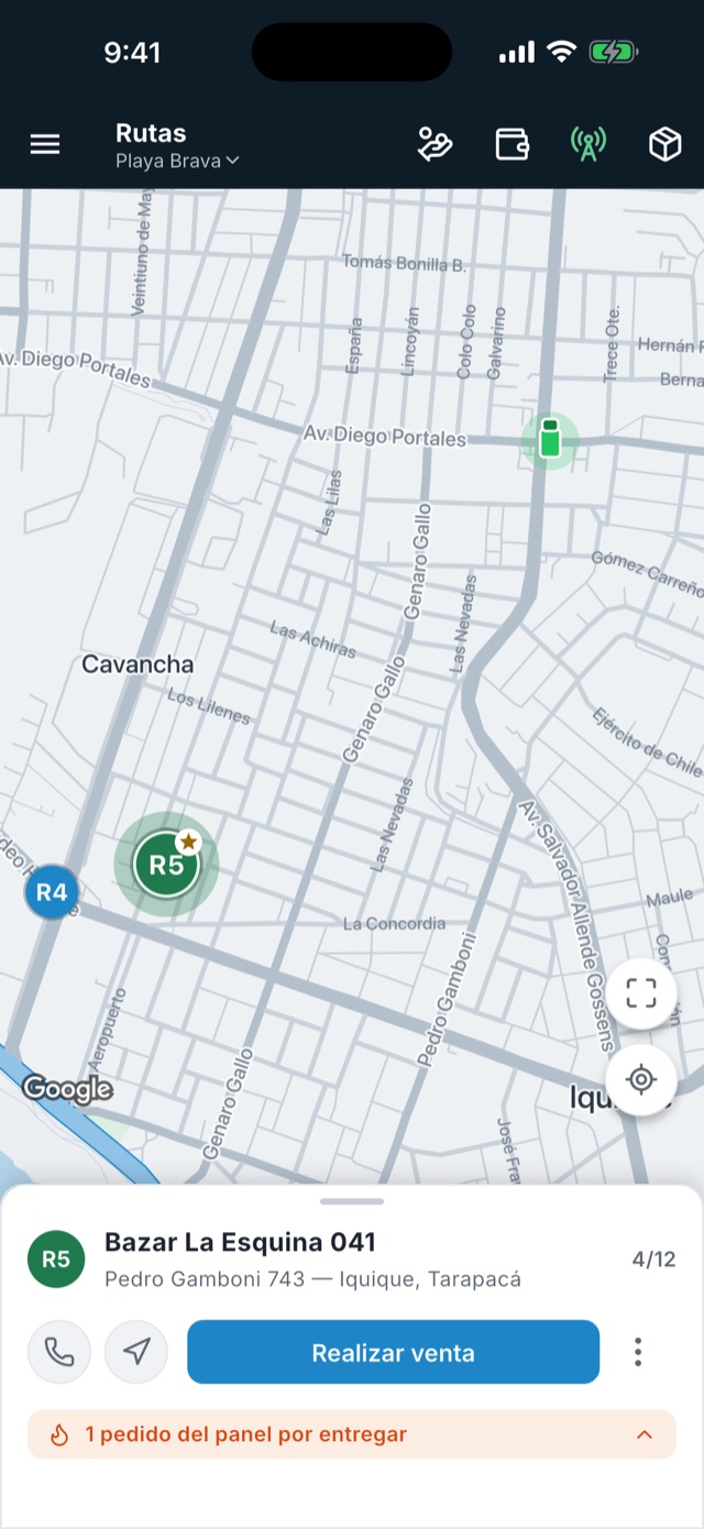 App del repartidor: el recorrido del día en el mapa, con la parada actual abierta y el botón para realizar la venta.